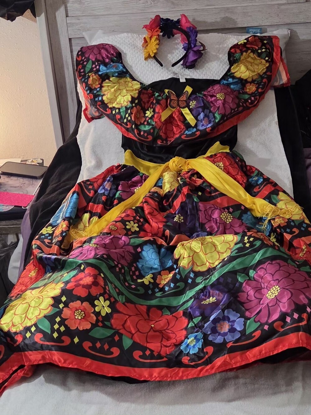 Floral Off-Shoulder Mexican Style Dress with Yellow Sash